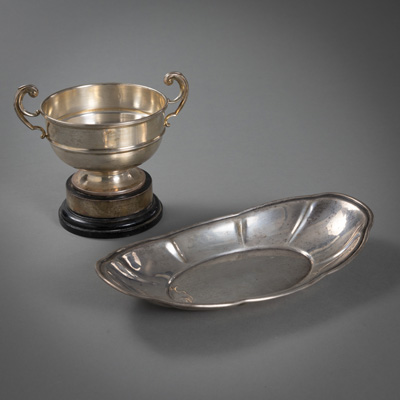 <b>A SILVER CUP WITH WOOD BASE AND AN OVAL DISH</b>