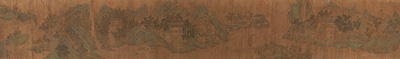 <b>Querrolle einer Fluss- und Berglandschaft mit Gelehrtenstudios. Tusche und Farben auf Seide</b>
