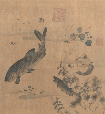 <b>FOUR ALBUM LEAVES WITH LANDSCAPES, FISH AND BIRDS DEPICTIONS AFTER EARLY MASTER PAINTINGS</b>