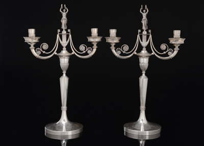 <b>A PAIR OF TWO LIGHT SILVER CANDELABRA</b>