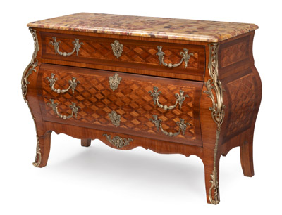 <b>A FRENCH ORMOLU-MOUNTED TULIPWOOD, KINGWOOD AND PARQUETRY COMMODE</b>