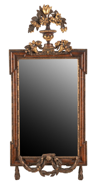 <b>A GERMAN PARCIAL GILT CARVED WALNUT MIRROR</b>