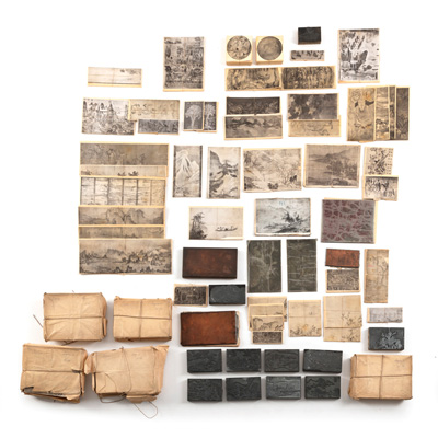 <b>A GROUP OF CA. 140 OLD METAL AND WOOD PRINTING PLATES OF CHNESE LANDSCAPE PAINTINGS, SOME LABELED WITH SHEET; BOOKLET AND IMAGE NUMBERS</b>