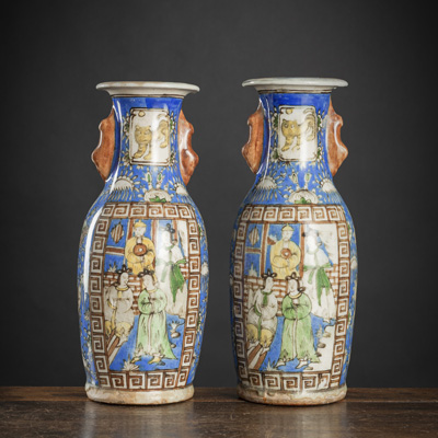<b>A PAIR OF CHINESE STYLE FIGURAL CERAMIC VASES</b>