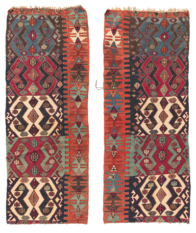 <b>Two fragmentary panels of a Reyhanli tapestry slit kilim of wool and cotton</b>
