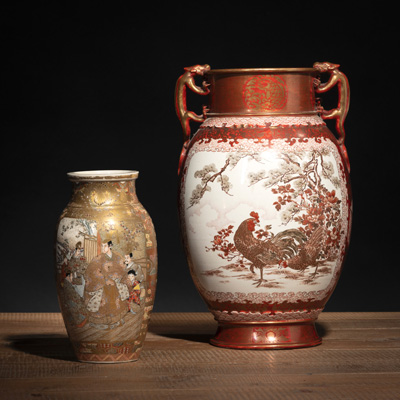 <b>A KUTANI POTTERY VASE WITH TWO HANDLES AND A SATSUMA STONEWARE VASE DEPICTING FIGURAL SCENES</b>