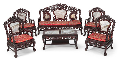 <b>A SUITE OF STONE-INLAID SILK CUSHION FURNITURE, CONSISTING OF FOUR CHARIS, A BENCH, AND A TABLE</b>
