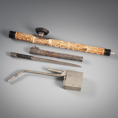 <b>A CARVED BONE OPIUM PIPE, A PAKTONG WATER PIPE AND A CUTLERY WITH A KNIFE</b>