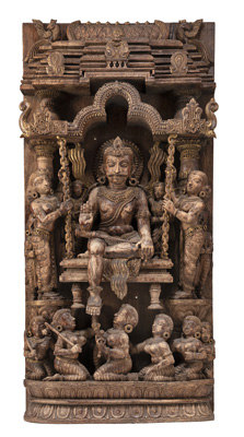 <b>A LARGE WOOD PANEL DEPICTING PROBABLY KRISHNA</b>
