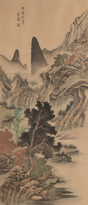 <b>A PAINTING OF AN AUTUMN MOUNTAIN LANDSCAPE. INK AND COLORS ON PAPER</b>