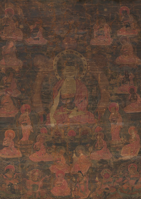 <b>Thangka mit zentraler Darstellung des Buddha Shakyamuni mit Almosenschale</b>