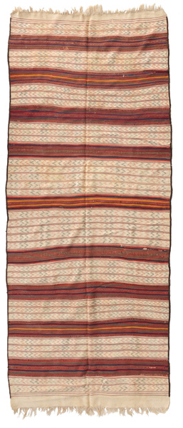 <b>A Sar-i-Pul kilim with stiched pattern and with woven blue, green and yellow lines on red stripes,</b>