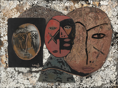<b>TWO LACQUER PAINTINGS: A GIRL WITH A GUITAR AND THREE FACES</b>