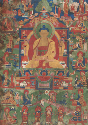 <b>Seltene Thangka des Buddha Shakyamuni und die Erleuchteten des Hinayana-Buddhismus - die sechzehn Arhats</b>