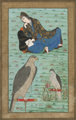 <b>Schreibende Frau und zwei Falken</b>