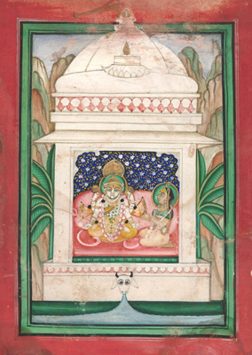 <b>Zwei Miniaturen und zwei Buchseiten, Krishna, Rhada und Krishna und Prinzessin und Prinz</b>