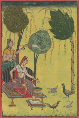 <b>Miniatur mit zwei Damen, die Hühner füttern und Szene einer Dame beim Pfeife rauchen</b>