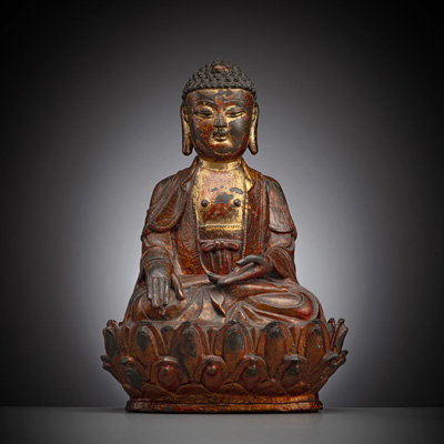 <b>Lackvergoldete Bronze des Buddha Shakyamuni auf einem Lotus</b>