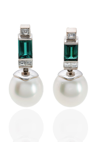 <b>Paar Perl-Turmalin-Diamant-Ohrringe</b> <b>Paar Perl-Turmalin-Diamant-Ohrringe</b>