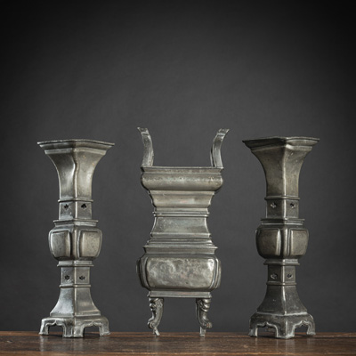 <b>A PAIR OF PEWTER CANDLESTICKS AND A CENSER</b>