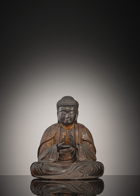 <b>Feine Statue des Buddha Amida aus Holz mit goldener und schwarzer Lackfassung</b>