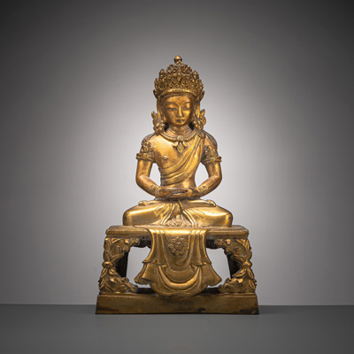 <b>Feuervergoldete Bronze des Amitayus auf einem Thron</b> <b>Feuervergoldete Bronze des Amitayus auf einem Thron</b>