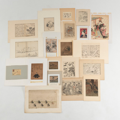 <b>Portrait des Fujiwara no Toshiyuki und 19 Holzschnitte und Buchseiten von Kono Bairei, Masanobu u. a.</b>