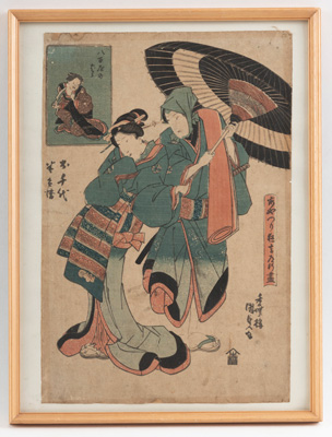 <b>Utagawa Kunisada (Toyokuni III): Drei Farbholzschnitte, oban, Schauspieler-Darstellungen</b>