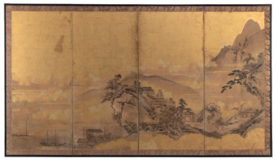 <b>Vierteiliger Stellschirm (Byobu) mit Landschaftsszene eines anonymen Malers</b>
