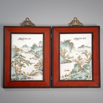 <b>A PAIR OF SMALL PORCELAIN TILES PATINTED WITH FINE POLYCHROME LANDSCAPE DEPICTIONS</b>