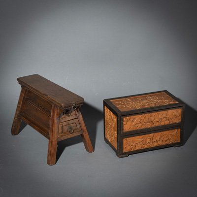 <b>A STOOL AND SMALL CHEST WITH DRAWER AND PRUNUS RELIEF</b>
