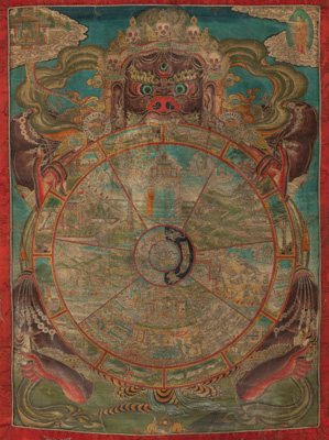 <b>Thangka mit Darstellung des Bhavacakra - Das Rad der sechs karmischen Existenzen</b>