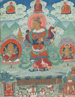<b>Acht Thangkas aus einer Serie von Arhats und Lokapalas, sowie inschriftlich benannter historischer Abbildungen bedeutender Klosteranlagen in Tibet</b>