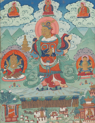 <b>Acht Thangkas aus einer Serie von Arhats und Lokapalas, sowie inschriftlich benannter historischer Abbildungen bedeutender Klosteranlagen in Tibet</b> <b>Acht Thangkas aus einer Serie von Arhats und Lokapalas, sowie inschriftlich benannter historischer Abbildungen bedeutender Klosteranlagen in Tibet</b>
