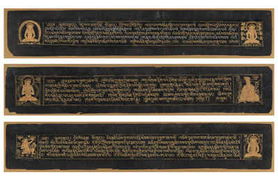 <b>Drei Seiten aus einer tibetischen Handschrift mit je zwei Miniaturen</b>
