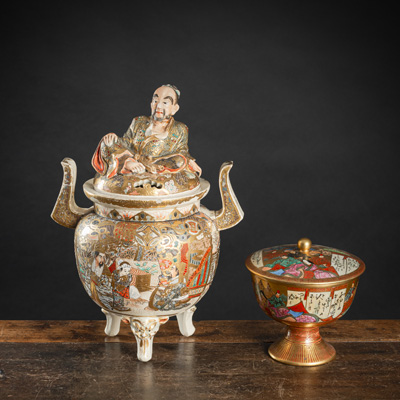<b>A 'SATSUMA' PORCELAIN TRIPOD CENSER AND LIDDED BOWL</b>