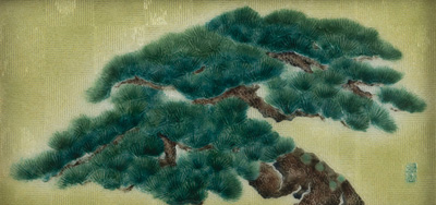 <b>A CLOISONNE PANEL DEPICTING A LARGE PINE TREE</b>