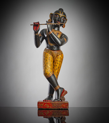 <b>Teils vergoldete Skulptur des Krishna aus Stein mit polychromer Fassung</b>
