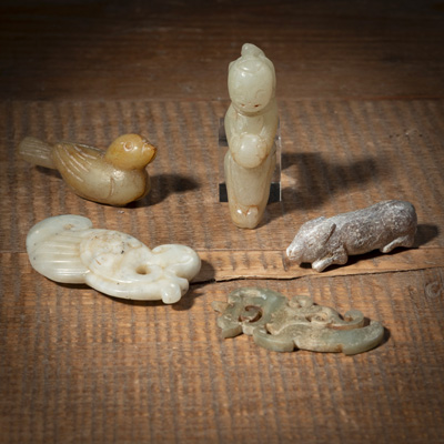 <b>FIVE JADE CARVINGS, INCLUDING A STANDING BOY, A PIG, BIRDS, DRAGON</b>