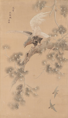 <b>A CANTON SILK EMBROIDERY DEPICTING AN EAGLE ON A PINE BRANCH</b>