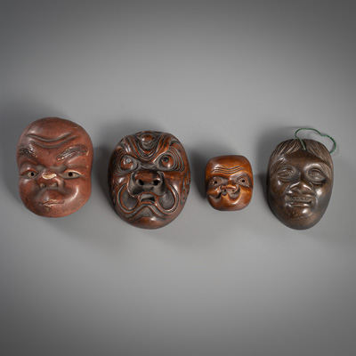 <b>FOUR SMALL MASKS AMONG OTHERS TWO NETSUKE MADE OF WOOD, BRONZE AND CERAMIC</b>