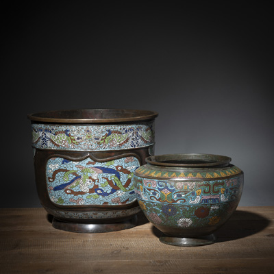 <b>TWO CHAMPLEVÉ CACHEPOTS</b>