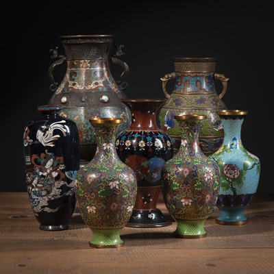 <b>SEVEN CLOISONNÉ AND CHAMPLEVÉ VASES</b>