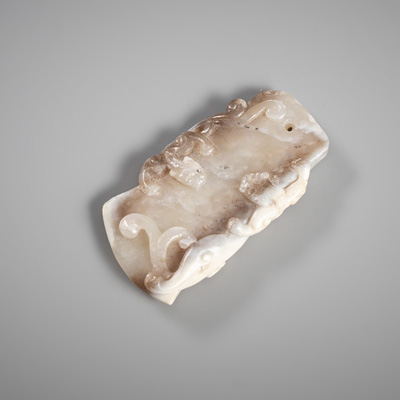 <b>A SMALL GREY-BROWN TRANSLUCENT 'CHILONG' RELIEF JADE HATCHET</b>