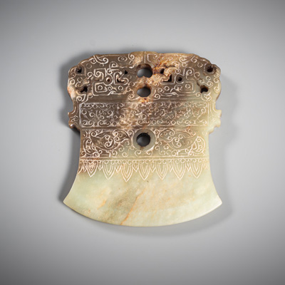 <b>A GREY-BROWN TRANSLUCENT JADE BIRD RELIEF RITUAL AXE</b>