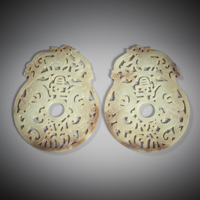 <b>A PAIR OF GREY-GREEN TRANSLUCENT OPENWORK JADE 'BI' DISCS WITH MOUNTED HORSE AND 'CHILONG' DECORATION</b>