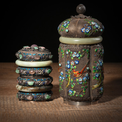 <b>TWO ENAMEL-INLAID SILVER VESSELS WITH COVERS AND JADE RINGS</b>