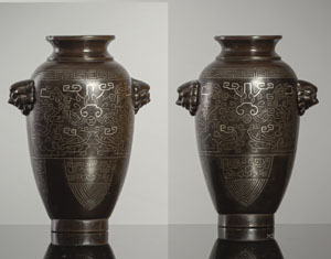 <b>Paar Bronzevasen mit Silber-Einlagen</b> <b>Paar Bronzevasen mit Silber-Einlagen</b>