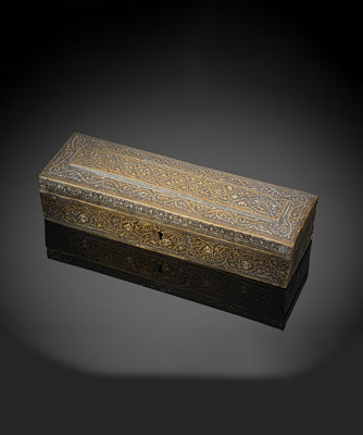 <b>A BRASS CASKET WITH FLORAL DECORATIONS</b>