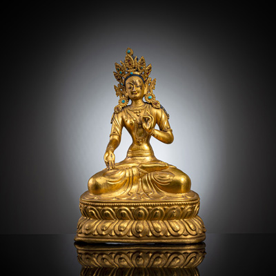 <b>Feuervergoldete Repoussé-Figur der Sitatara</b> <b>Feuervergoldete Repoussé-Figur der Sitatara</b>